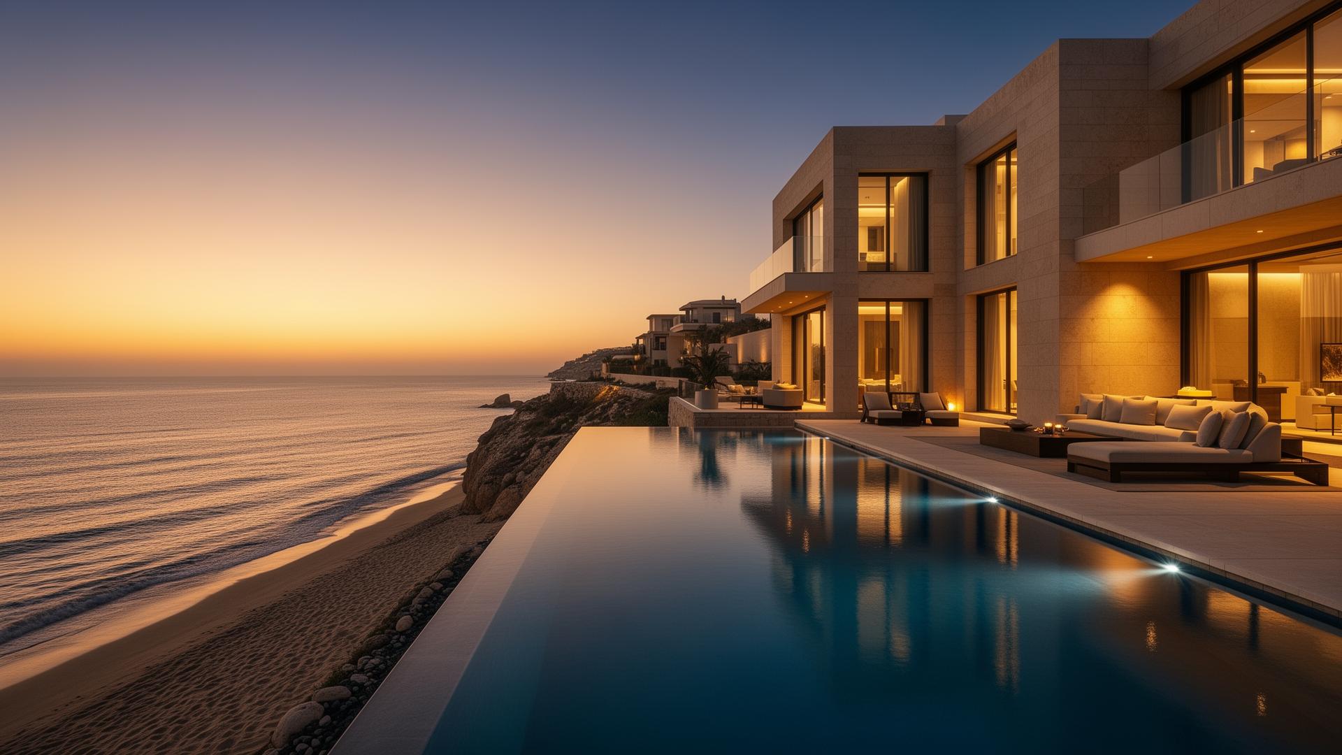 Luxury beachfront villa at dusk in Northern Israel